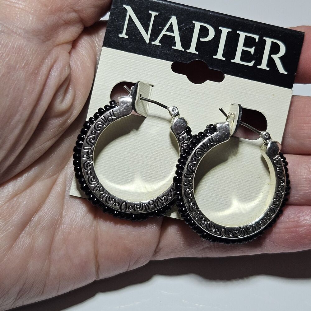 Napier Silver Tone Black Seed Bead Accented Hoop Earrings